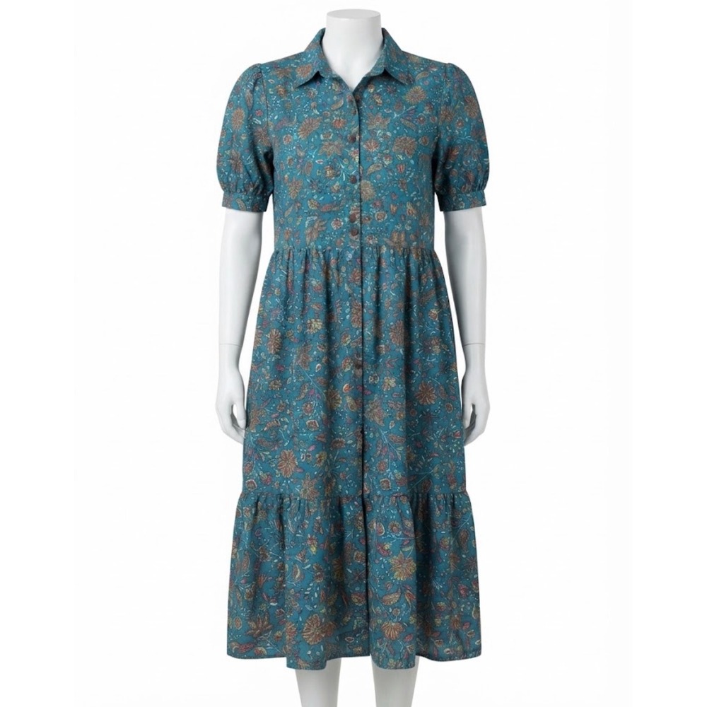 Boemo Teal Paisley Floral Tiered Midi Dress Size L Puff Sleeve Boho Fall Autumn